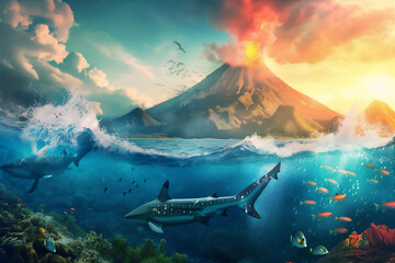 shark and various fishes in under water of the sea with volcano mountain eruption background above...