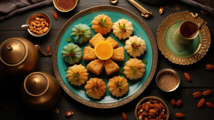 Obraz na płótnie Canvas Oriental sweets - maamul, baklava and sherbet - traditional food for the holiday Eid al-Fitr