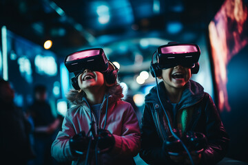 Kids Have a Blast Wearing VR Headsets, Immersed in Fun and Laughter. Ai generated