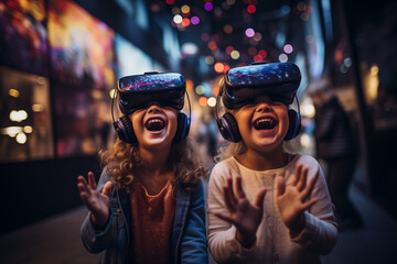 Kids Have a Blast Wearing VR Headsets, Immersed in Fun and Laughter. Ai generated