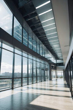 Contemporary Elegance: Office Building Interior with Modular Wall and Ceiling Structures, and Modern Structural Glazing
