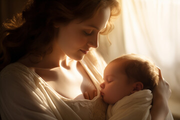 Woman taking care of her very small baby, Love between a mother and her child concept. Tender Moments of a Mother Caring for Her Precious. Ai generated