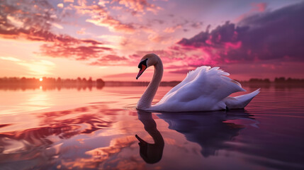 Graceful swan reflection on a lake, gracefully drifting on a calm water, vibrant pink and purple hues from the setting sun. Ai generated
