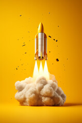 A powerful visual as a rocket ascends, leaving a trail of smoke against a vibrant yellow backdrop, symbolizing the dynamic energy of liftoff. Ai generated