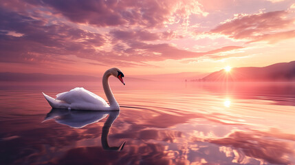 Graceful swan reflection on a lake, gracefully drifting on a calm water, vibrant pink and purple hues from the setting sun. Ai generated