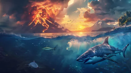 Fototapeten shark in under water sea with volcano mountain eruption background above it at sunset © Maizal