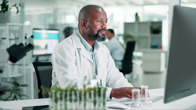 Black man, science and lab for computer research and smile for results of clinical trial. Organic botany, internet search and laboratory assistant with online ecology or environmental analysis