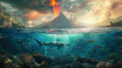 Poster shark and various fishes in under water sea reef with volcano mountain eruption background above it at sunset © Maizal