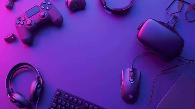 Top view of gamer gears like mouse, keyboard, joystick, VR glasses and headphones on purple table background. 3d rendering of accessories for live streaming concept