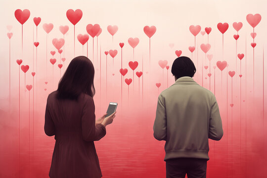 Mobile App dating Concept connection. Romantic Couple Standing close to Eachoter, Hearts Afloat, Embracing Love through Mobile Dating. Ai generated