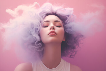 Beautiful Woman with pink smoke instead of her hair, her hair is actually smoke with pink purple colors, the woman has closed eyes and relaxed face, flat pastel color background. Ai generated