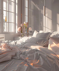 a white bedroom with gray bed golden light