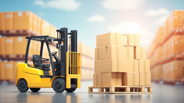 Yellow forklift loader pallet stacker truck equipment at warehouse. Ai generated