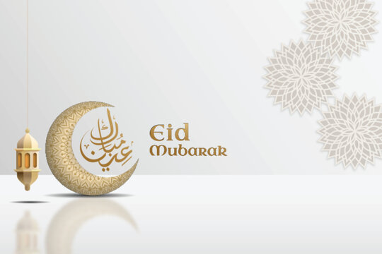A poster Eid Mubarak written in elegant Arabic calligraphy with a 3D crescent aesthetic showcasing elegant arabic ornament.