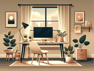 Warm-toned illustration of a cozy, modern home office with stylish furniture and city view.
