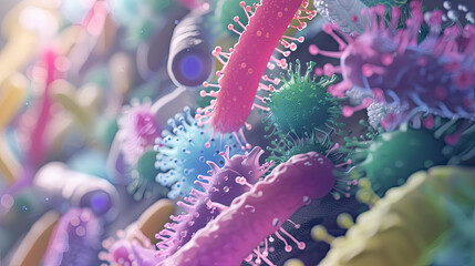 A 3D model captures the symbiotic relationship between beneficial bacteria and human cells, emphasizing their intricate mutualism. - obrazy, fototapety, plakaty