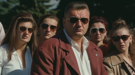 Russian mafia in the 90s. Crime boss with friends. Bandits in Russia. Bratki