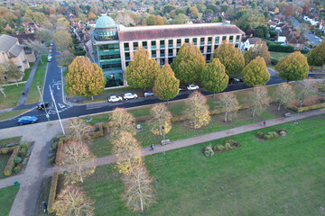 Letchworth Garden City of England Great Britain UK. Aerial View Was Captured with Drone's Camera on Cold Evening and During Sunset time of November 11th, 2023