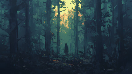 illustration of a dark forest with a person towards the front