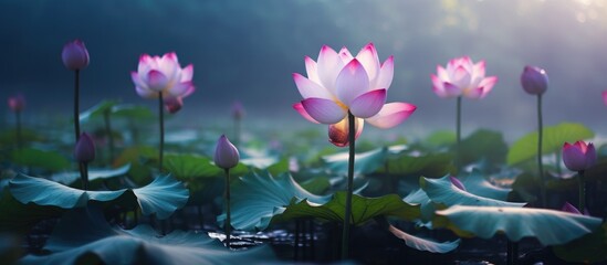 A picturesque scene of pink lotus flowers blooming in a pond, with the sunlight filtering through the lush green leaves of this aquatic plant