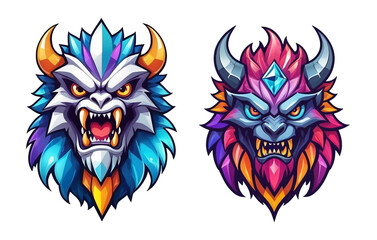 Fototapeta premium two colorful illustrations of a demon and a demon's head, angry sasquatch, triptych, scary sharp icy, humanoid monkey fantasy race, crystals, gorilla, 