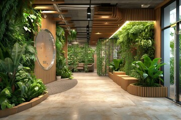 A sustainable office, characterized by eco-friendly design elements