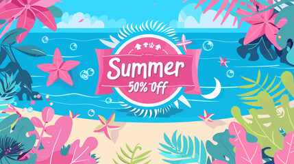 illustration flat design colorful tropical-themed advertisement banner with discount offer for a summer sale.
