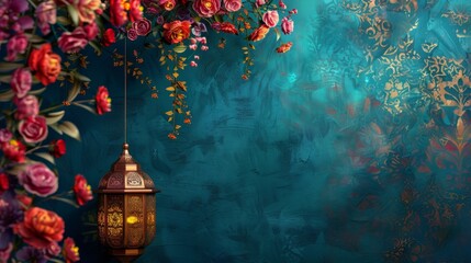  Islamic muslim holiday background: eid mubarak ramadan kareem with traditional lantern lamp decoration