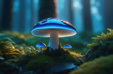 fabulous, mystical fly agaric mushroom in a dark forest, very tall, overgrown