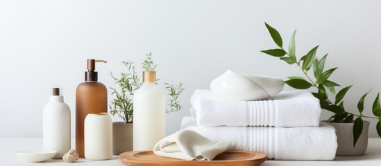 A mixture of a houseplant, bottles, candles, and towels neatly stacked on a table near the window in a building