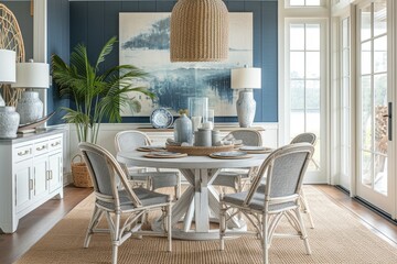 A coastal-inspired dining room, characterized by soft blue hues