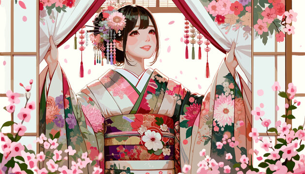 Concept of an image of a woman in kimono in a townhouse in Kyoto. Vector illustration.