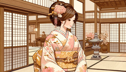 Concept of an image of a woman in kimono in a townhouse in Kyoto. Vector illustration.