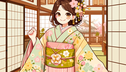 Concept of an image of a woman in kimono in a townhouse in Kyoto. Vector illustration.