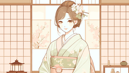 Concept of an image of a woman in kimono in a townhouse in Kyoto. Vector illustration.