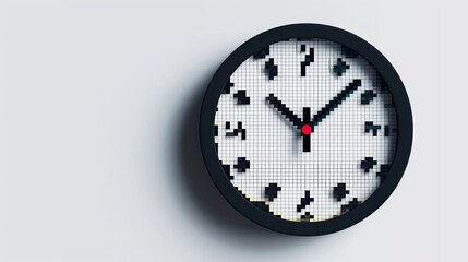 Pixel clock. Pixel art, style, numbers, timer, batteries, chime, time, hands, minutes, alarm clock, dial, mechanism, ticking, wall, hour, pendulum. Generated by AI