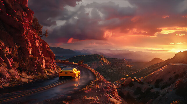 Yellow car driving on the road in the edge of mountain at dramatic sunset