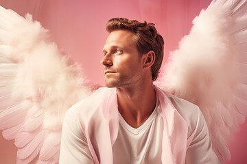 
Photo of a handsome man with angelic wings sitting contemplatively against a pastel background