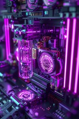 a cyberpunk machine making some crypto tokens with purple neon style