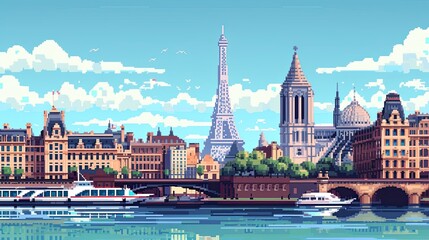 Pixel city landscape. Style, retro, travel, pixel art, city skyline, architecture, landmarks, tourist attractions, urban. Generated by AI