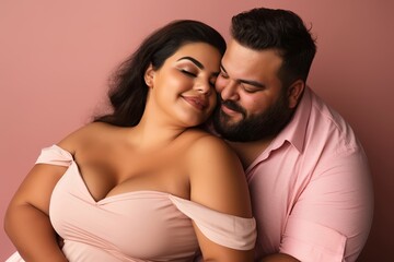 
Photo Plus-size couple, age 35 and 33, Hispanic, cuddling closely against a subtle pink background, evoking tenderness and warmth.