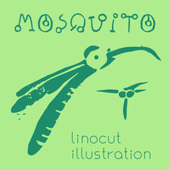 Linocut illustration of mosquito icon. Vector midge drawing with linoleum print texture. Gnat logo design. Insect symbol design. Engraved bug drawing. Tropical musqueeto sign. - 756232245