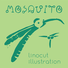 Linocut illustration of mosquito icon. Vector midge drawing with linoleum print texture. Gnat logo design. Insect symbol design. Engraved bug drawing. Tropical musqueeto sign. - 756232251