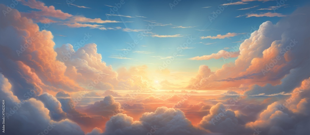 Poster the azure sky is adorned with fluffy cumulus clouds as the suns gentle glow filters through, creatin