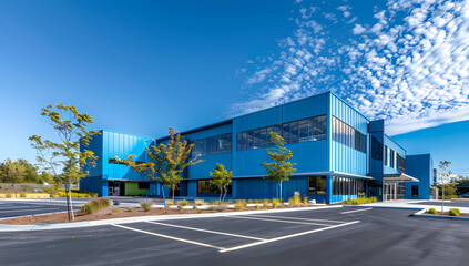 blue warehouse building with parking lot and blue sky in the background