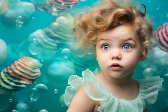 A toddler girl of Caucasian descent dressed as a mermaid, against a serene pastel aqua background, invoking dreams of underwater adventures