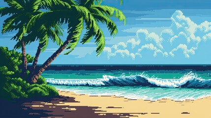 Pixel beach with palm trees. Style, hammock, cruise, vacation, swimming, sand, sea, sun, tan, relaxation, umbrella, swimsuit, heat, summer, water, pebbles, deck chair. Generated by AI - obrazy, fototapety, plakaty