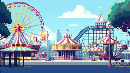 Pixel amusement park. Style, carousel, roller coaster, Ferris wheel, sugar, slot machines, fountain, popcorn. Generated by AI - obrazy, fototapety, plakaty