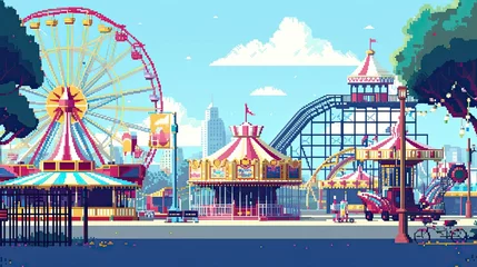 Deurstickers Pixel amusement park. Style, carousel, roller coaster, Ferris wheel, sugar, slot machines, fountain, popcorn. Generated by AI © Кирилл Макаров