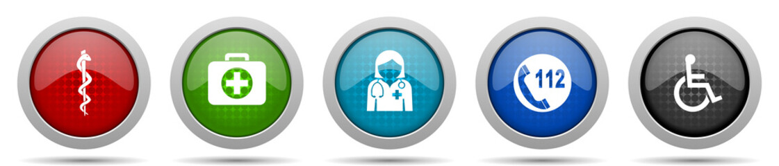 Healthcare icons, miscellaneous buttons such as cadyceus, first aid, doctor, emergency call and wheelchair, circle glossy web icon collection